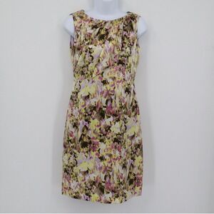 Tahari ASL Silk Floral Sheath Dress Women 2P Yellow Sleeveless Career Party Boho